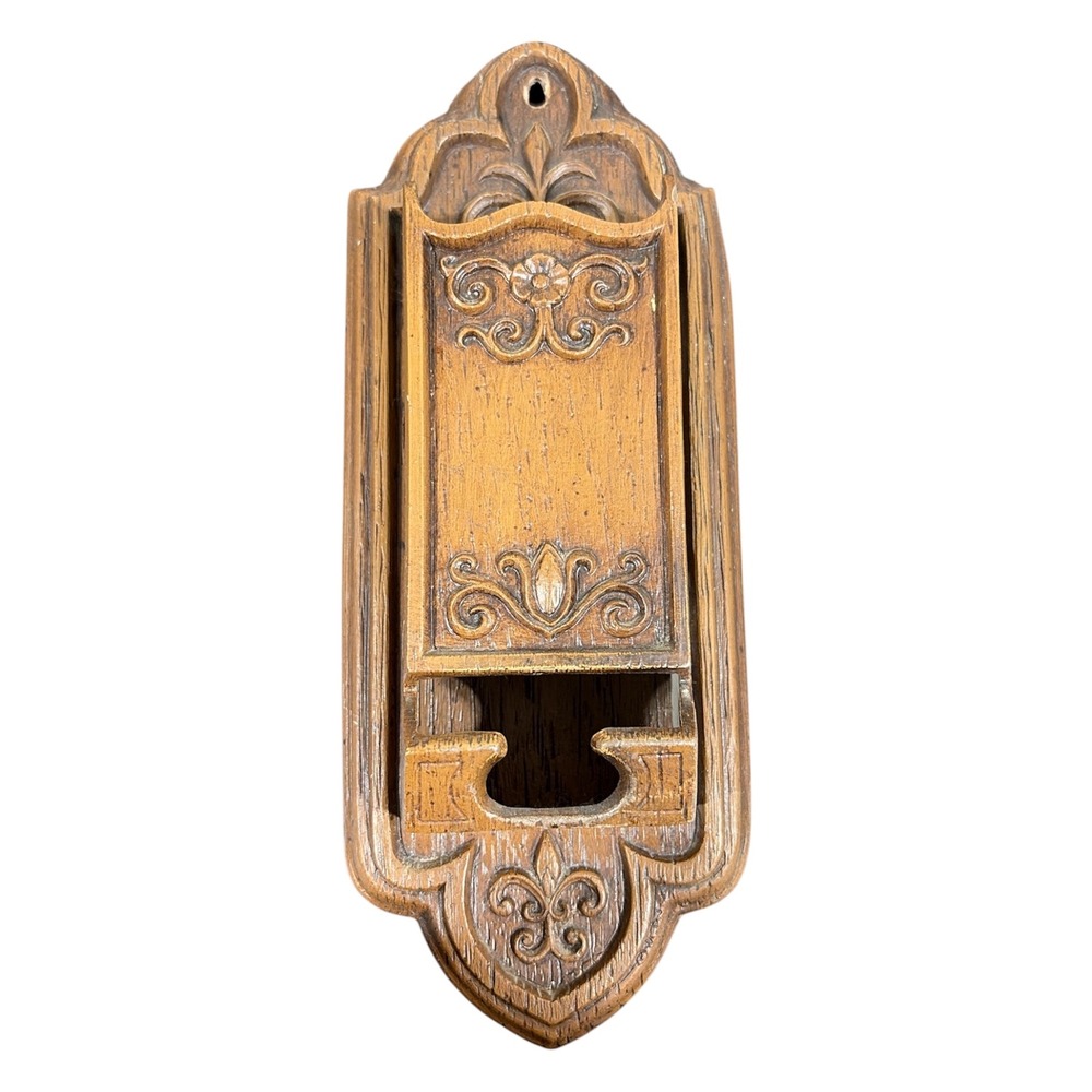 Vintage Faux Wood Floral Wall Match Holder Key Mail Pocket Resin Gothic Carved
